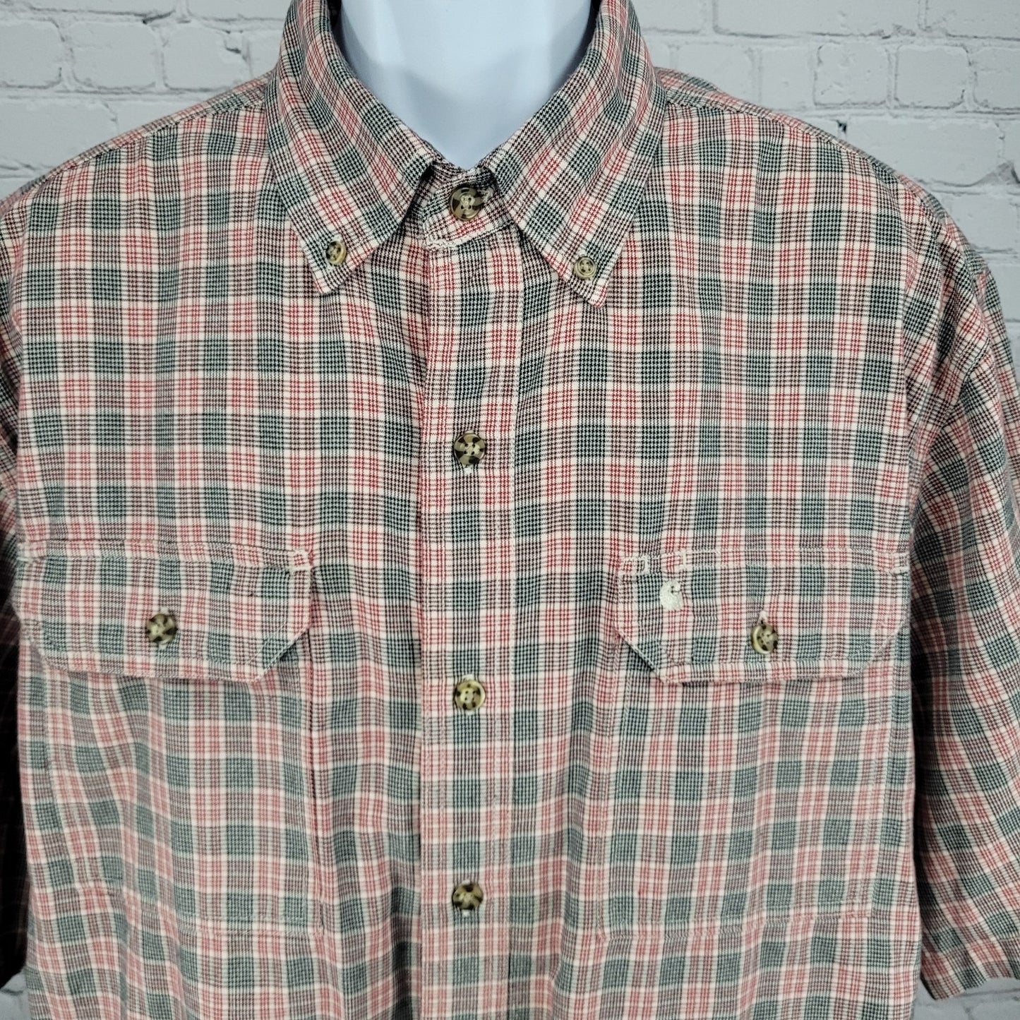 Carhartt Red Black Plaid 100% Cotton Button Down Collar Short Sleeve Shirt Large