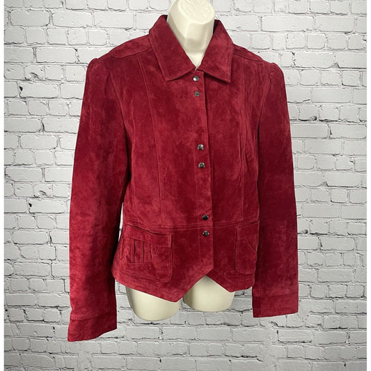 Saguardo Red Leather Suede Jacket Snap Puff Sleeve Pocket Lined Size Large L