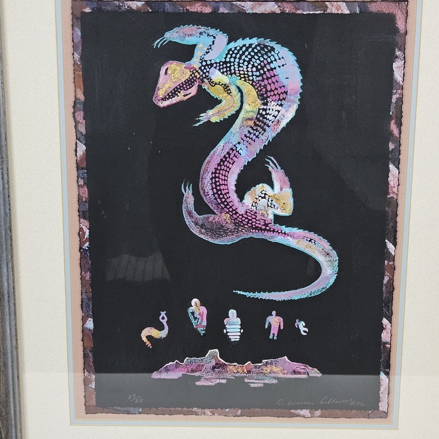 VTG C. Warren Original Desert Lizard Southwestern Folk Art Metallic Wood Framed