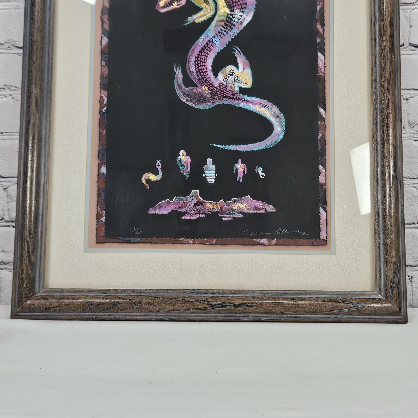 VTG C. Warren Original Desert Lizard Southwestern Folk Art Metallic Wood Framed