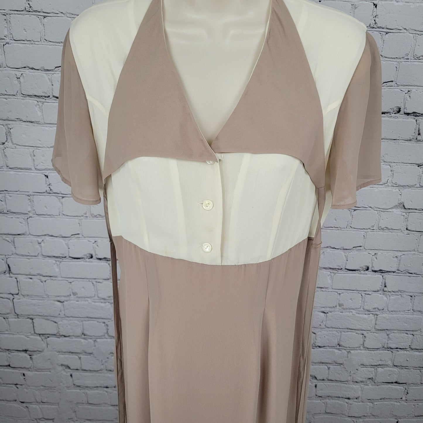 Savvy Ivory & Tan Chiffon Belted Flutter Sleeve Side Slit Midi Dress Size US 8