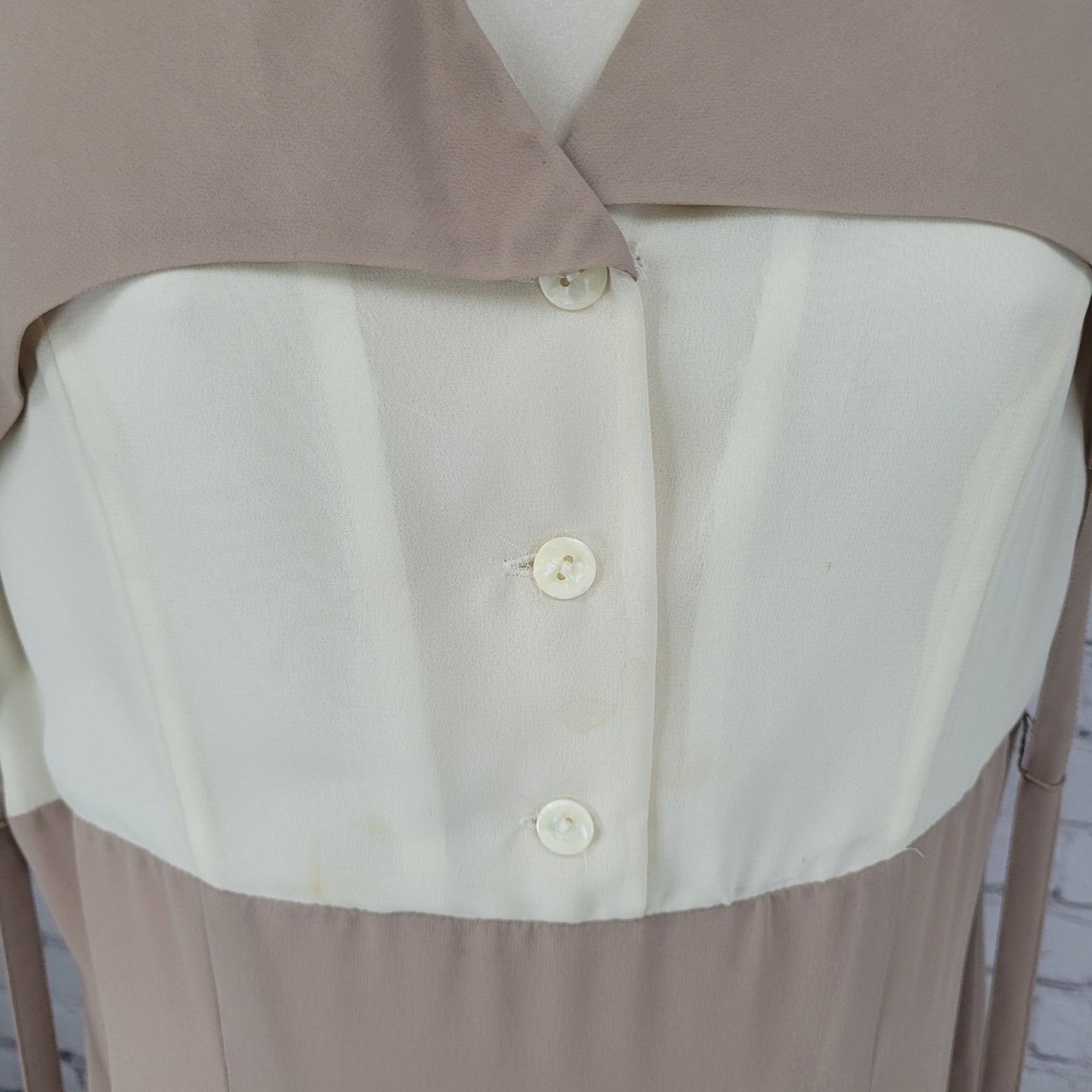 Savvy Ivory & Tan Chiffon Belted Flutter Sleeve Side Slit Midi Dress Size US 8
