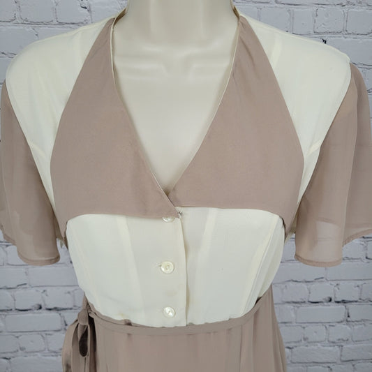 Savvy Ivory & Tan Chiffon Belted Flutter Sleeve Side Slit Midi Dress Size US 8