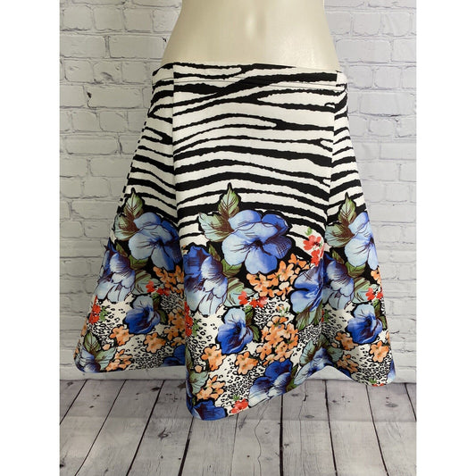 Neiman Marcus Zebra Print Floral Multicolor Knee Length Pull On A Line Skirt S