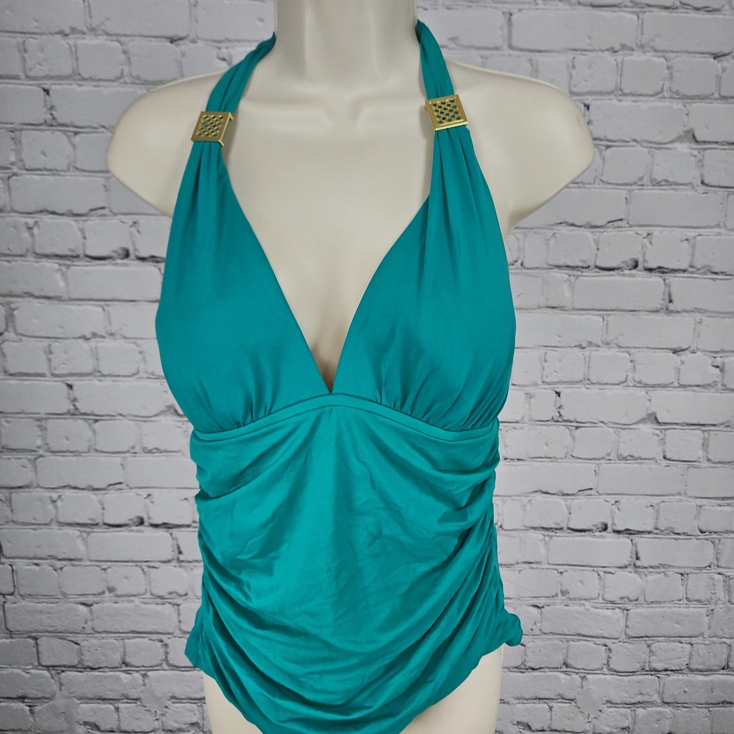 La Blanca Teal Ruched Halter Deep V Neck Tankini Swim Top Bathing Suit 12