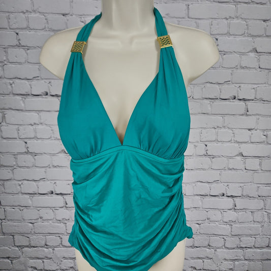 La Blanca Teal Ruched Halter Deep V Neck Tankini Swim Top Bathing Suit 12