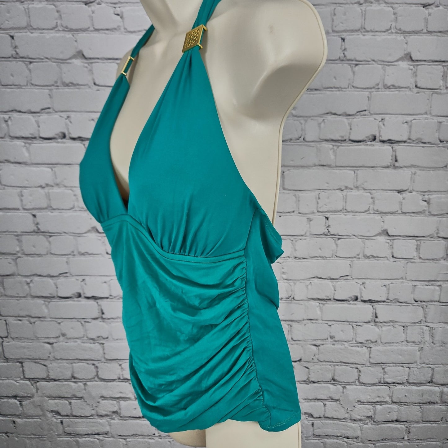 La Blanca Teal Ruched Halter Deep V Neck Tankini Swim Top Bathing Suit 12