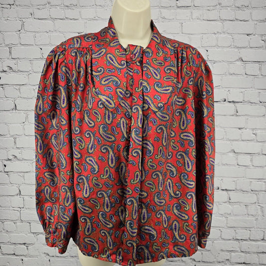 VTG Laura & Jayne Red Paisley Swallowed-tailed Long Sleeve  Blouse Size 10