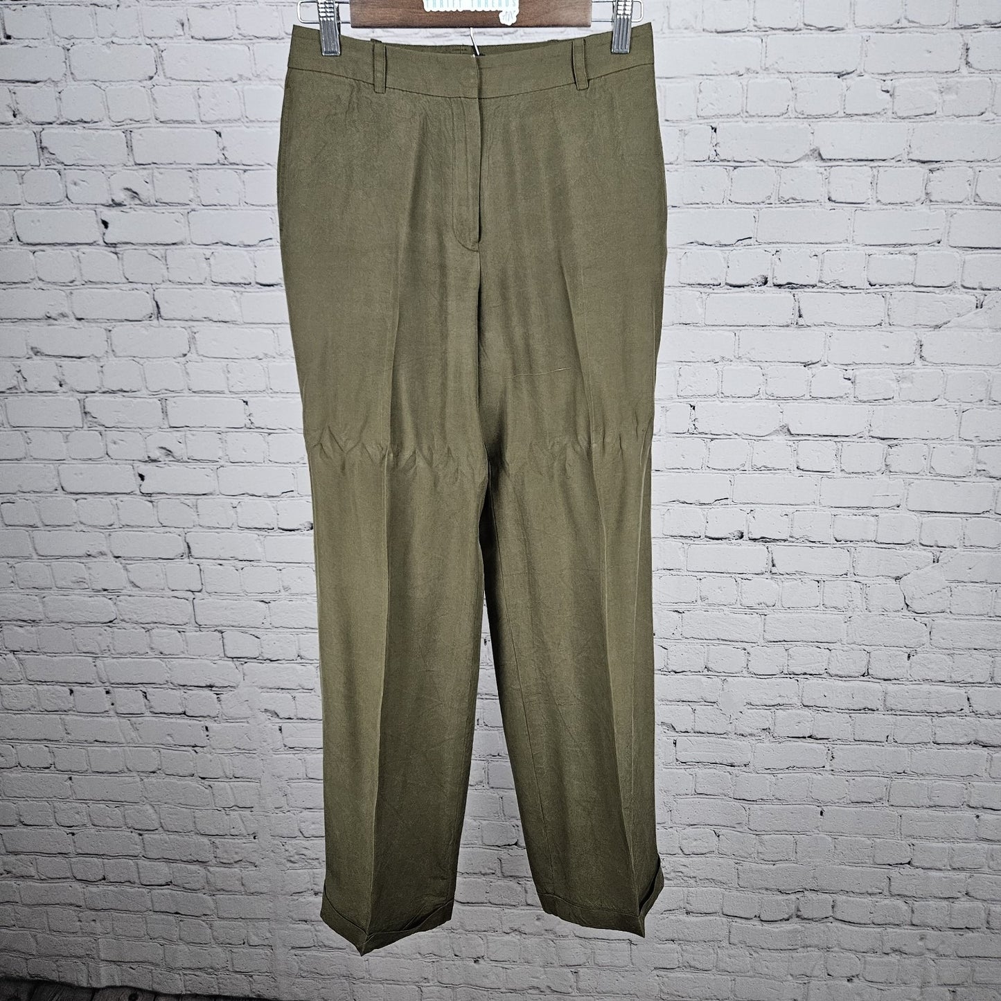 Ann Taylor Green 100% Silk Mid Rise Lined Cuffed Straight Dress Pants 4 (26x30)