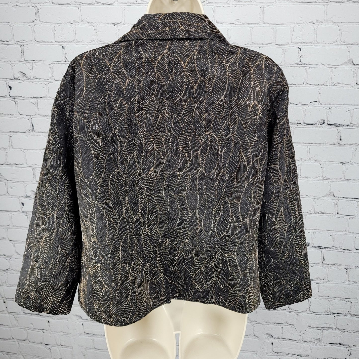 Chico's Black Gold Metallic Embroidered Leaves Open Lined Jacket Size 1 US 8