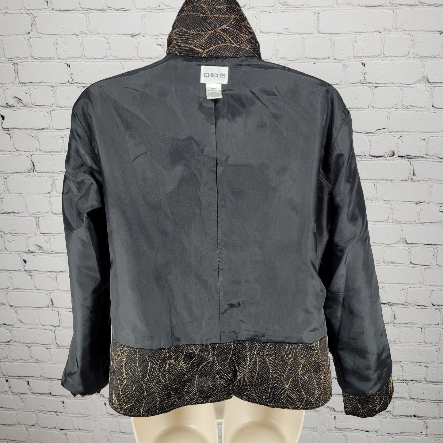Chico's Black Gold Metallic Embroidered Leaves Open Lined Jacket Size 1 US 8