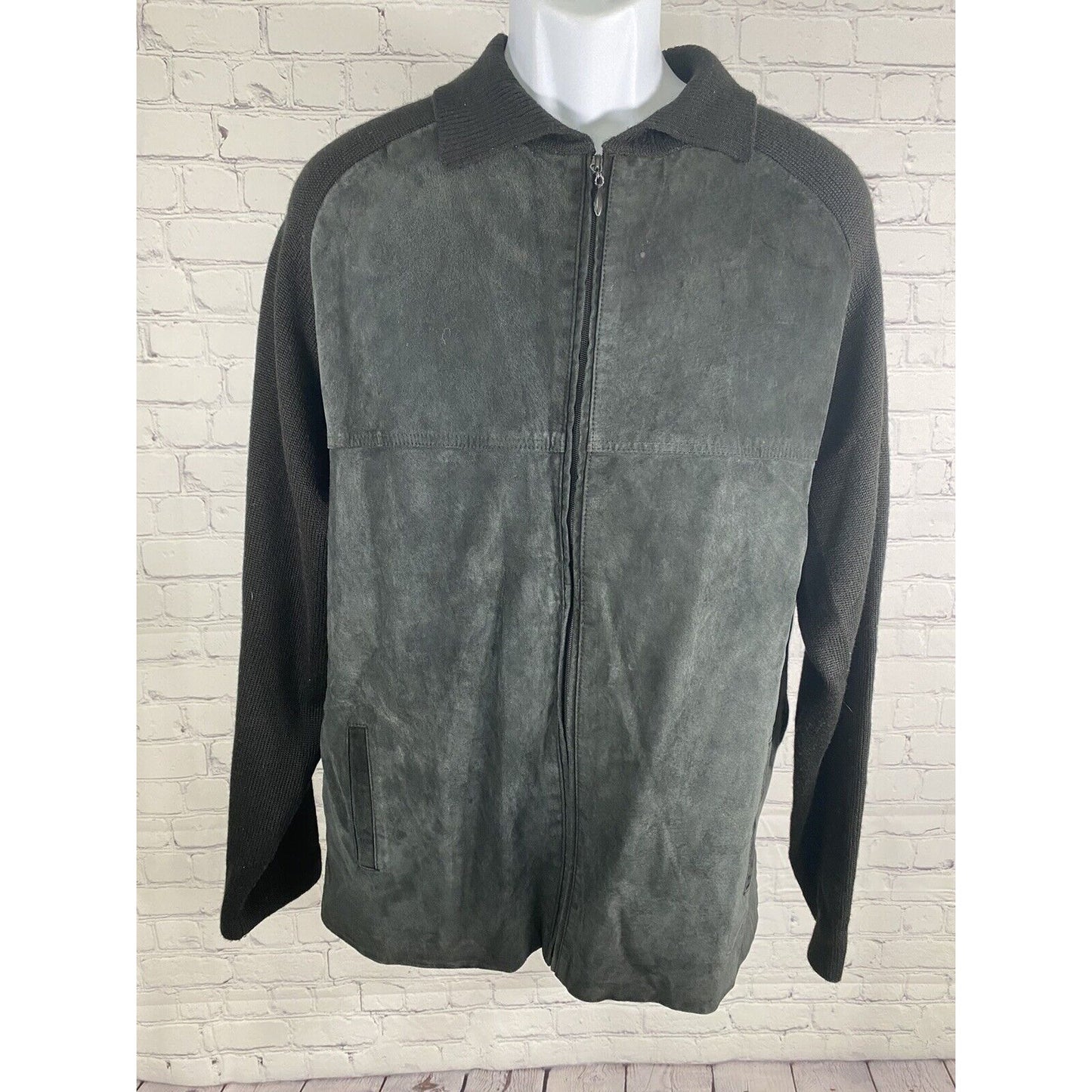 Alan Menchel Black Suede Wool Blend Full Zip Collared Cable Knit Jacket Men’s L