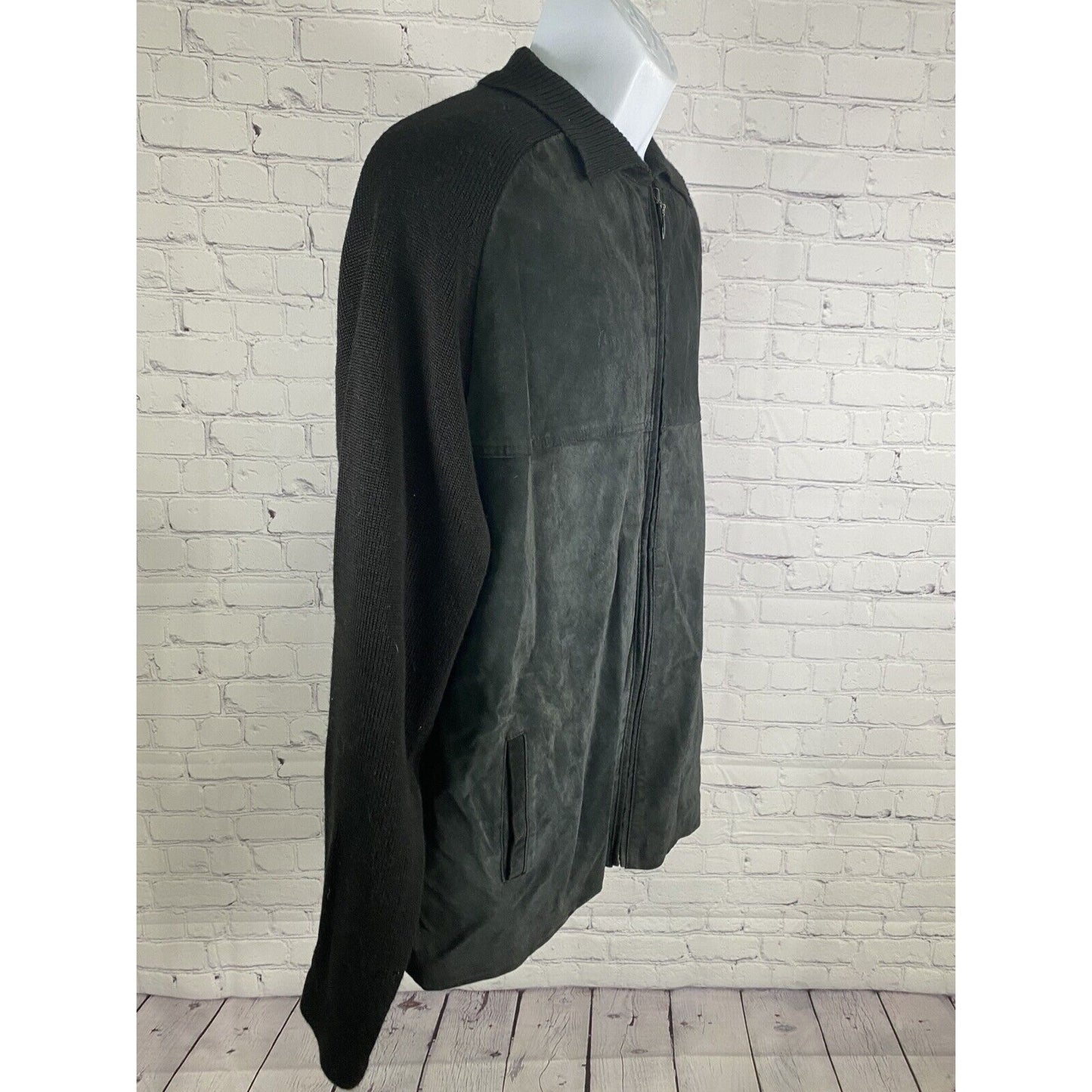 Alan Menchel Black Suede Wool Blend Full Zip Collared Cable Knit Jacket Men’s L