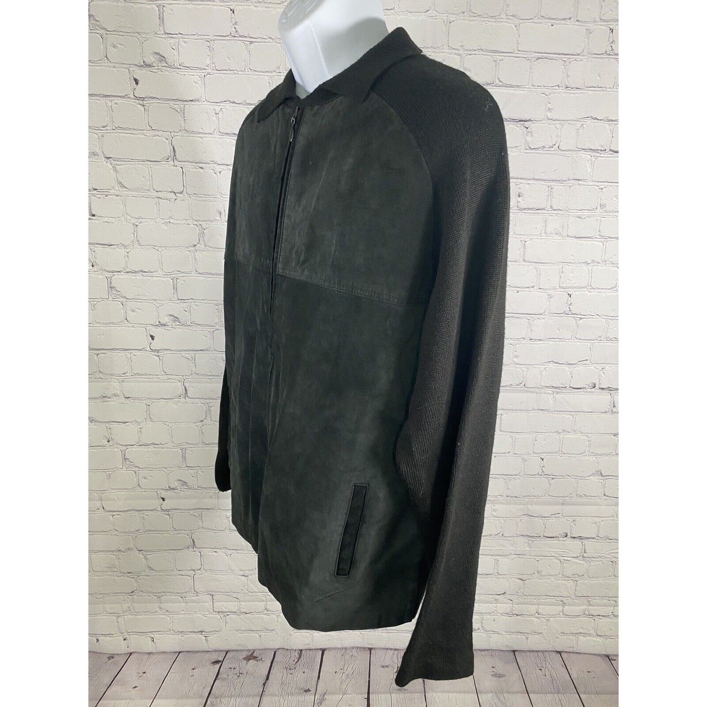 Alan Menchel Black Suede Wool Blend Full Zip Collared Cable Knit Jacket Men’s L