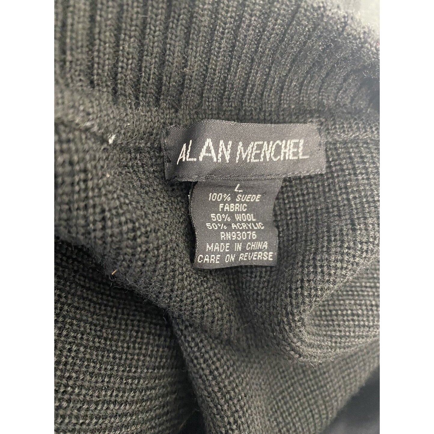 Alan Menchel Black Suede Wool Blend Full Zip Collared Cable Knit Jacket Men’s L