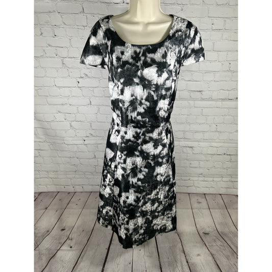 Talbots Black White Cap Sleeve Lined Back Zip Midi Length A Line Dress 16