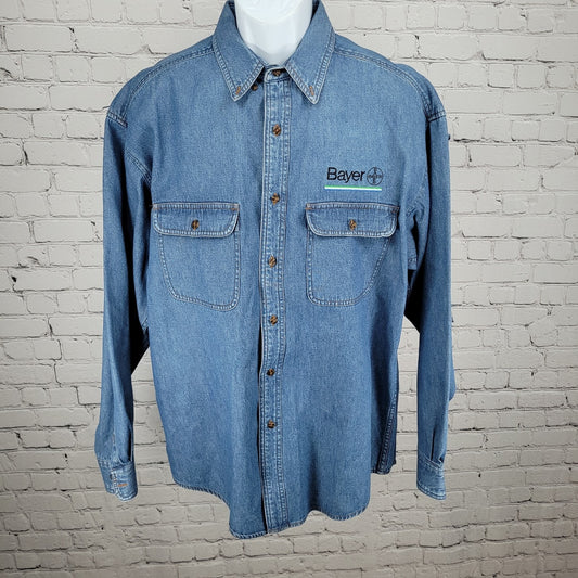 Bayer Aspirin Pharmaceuticals Blue Cotton Denim Long Sleeve Button Down Shirt XL