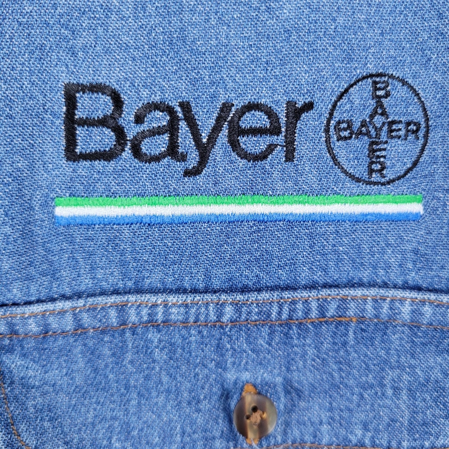 Bayer Aspirin Pharmaceuticals Blue Cotton Denim Long Sleeve Button Down Shirt XL