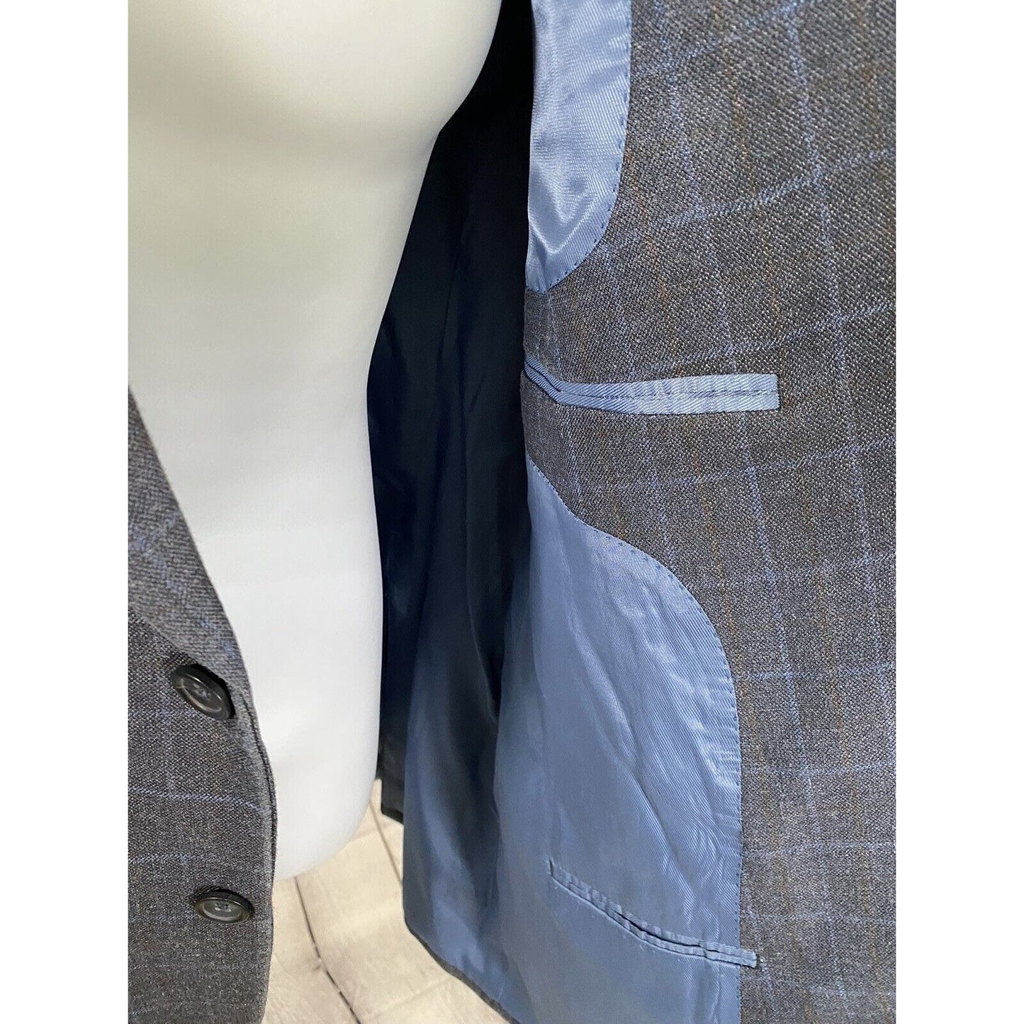 Pronto Uomo Blue Brown Plaid Wool Silk Blend 2 Button Jacket Blazer 46R