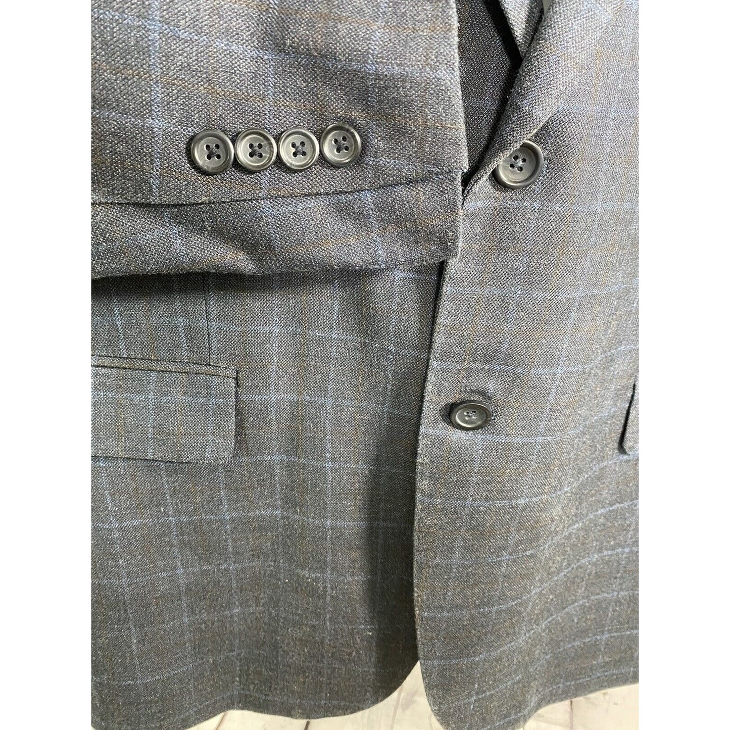 Pronto Uomo Blue Brown Plaid Wool Silk Blend 2 Button Jacket Blazer 46R