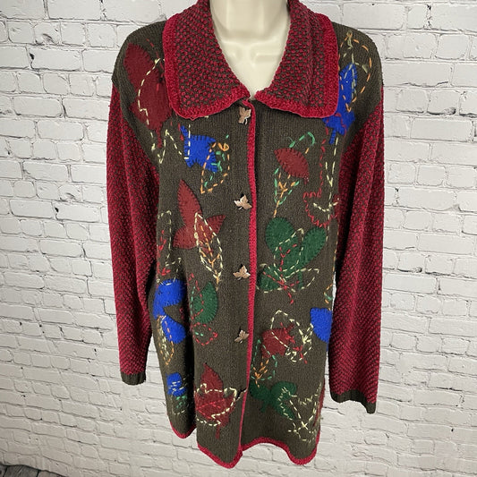 VTG Berek 2 Brown Silk Blend Leaf Embroidered Cardigan Sweater Size Medium M