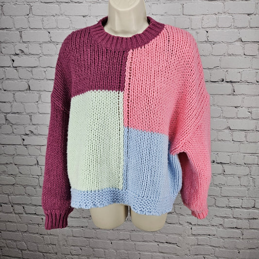 Minkpink Multicolor Colorblock Chunky Knit Balloon Sleeve Sweater Medium M