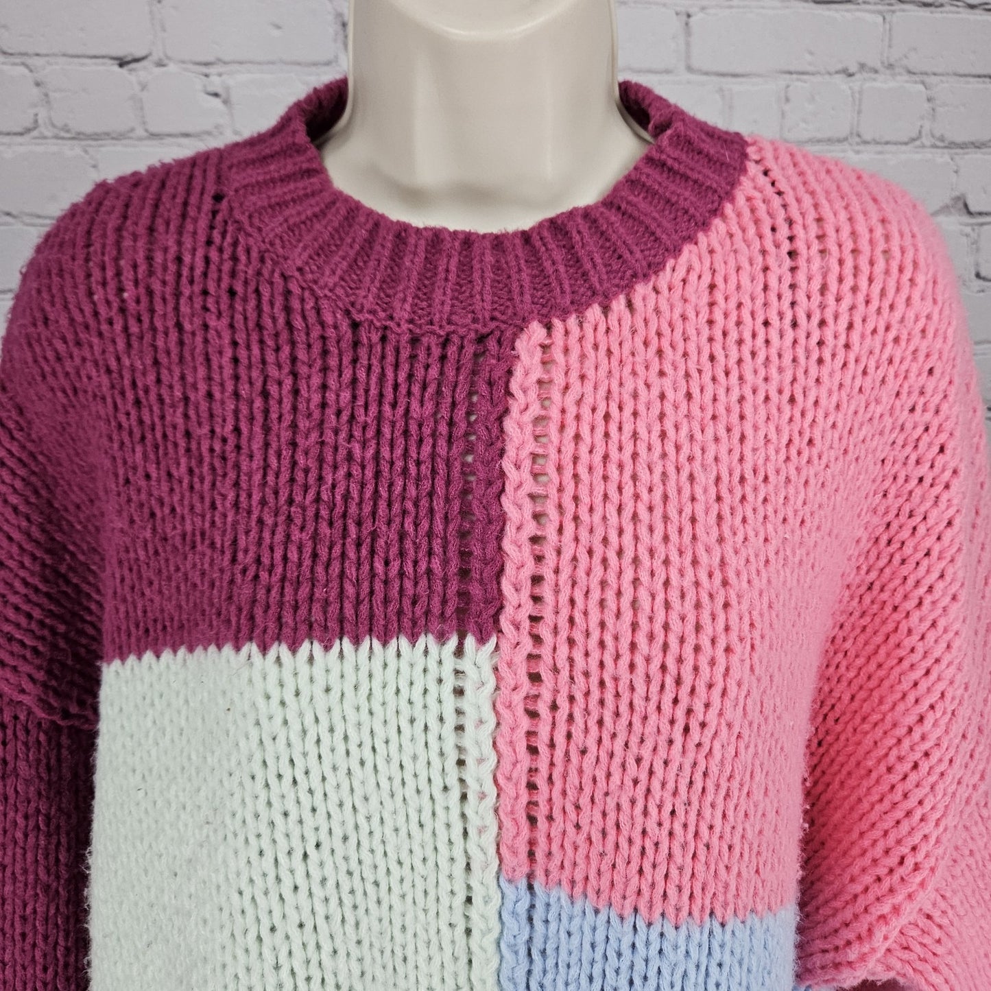 Minkpink Multicolor Colorblock Chunky Knit Balloon Sleeve Sweater Medium M