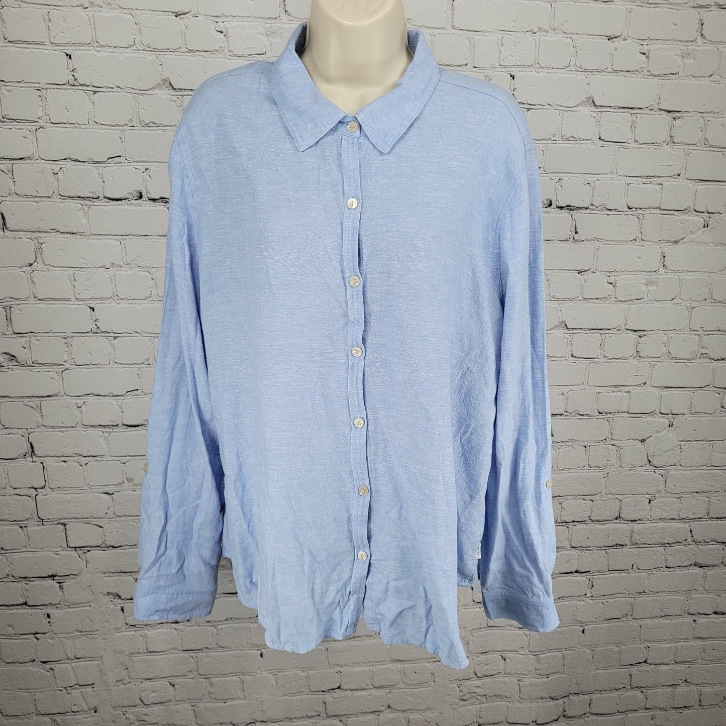 Orvis Blue Linen Blend Button Up Roll Tab Long Sleeve Shirt Top Size XL