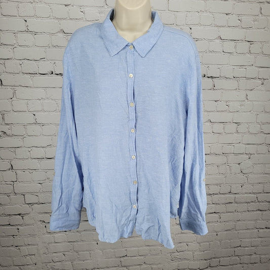Orvis Blue Linen Blend Button Up Roll Tab Long Sleeve Shirt Top Size XL