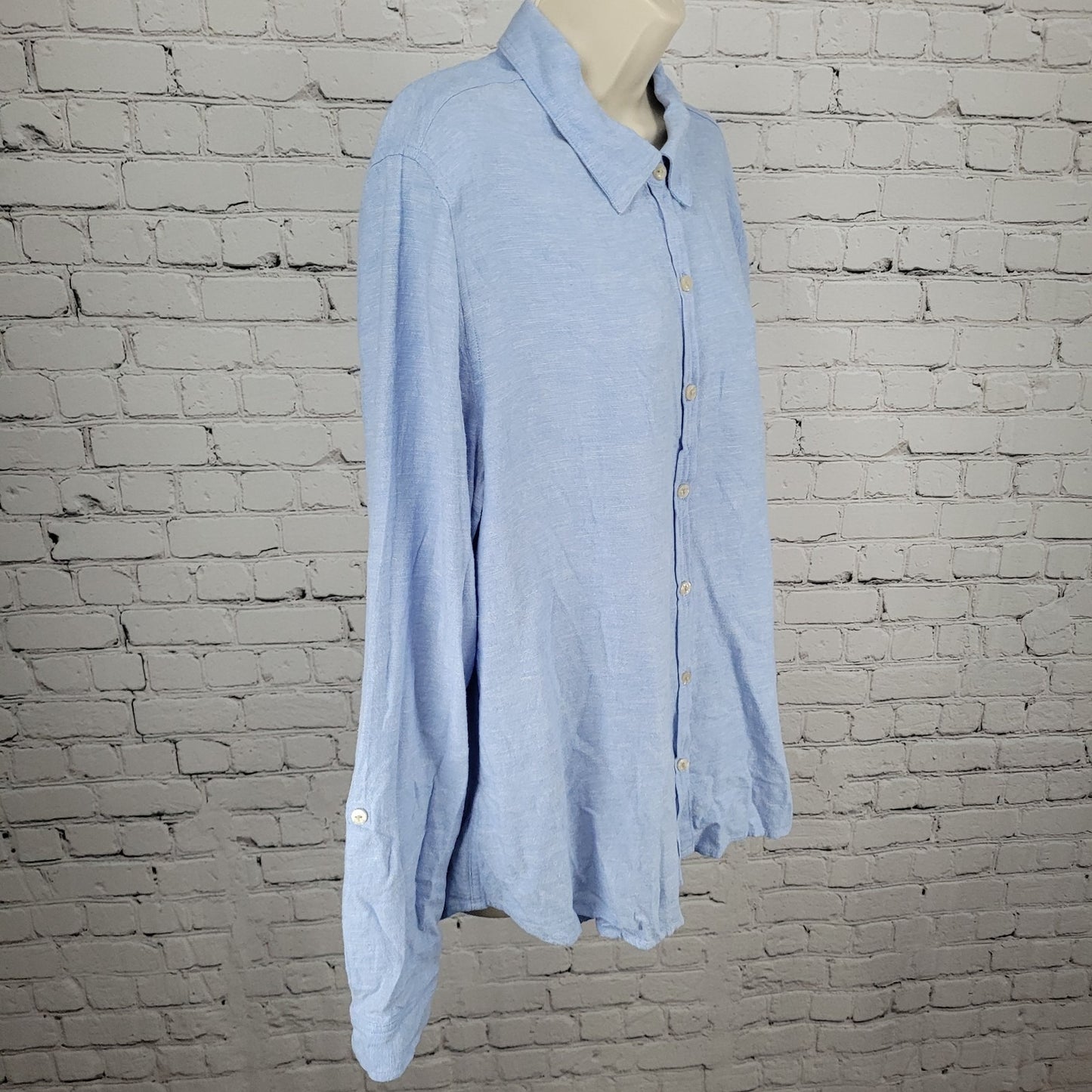 Orvis Blue Linen Blend Button Up Roll Tab Long Sleeve Shirt Top Size XL
