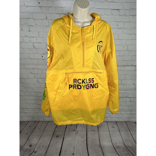 Young & Reckless X PRDY GNG Yellow Smiley Face Pullover Hooded Rain Jacket L