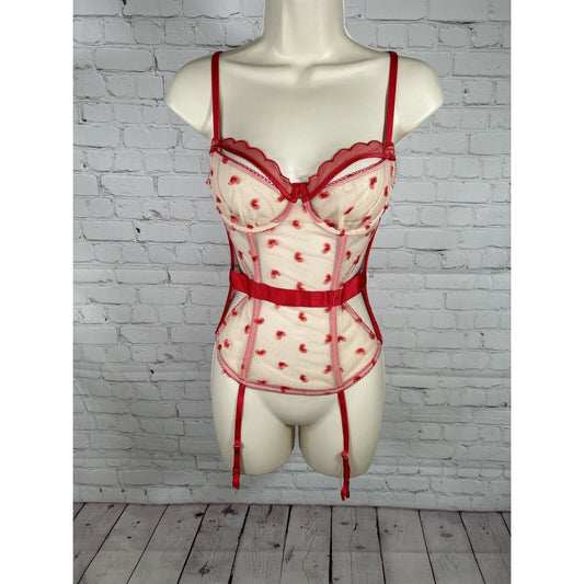 Victoria’s Secret Lingerie Bustier Corset Garter Straps Red/Beige Hearts 32C