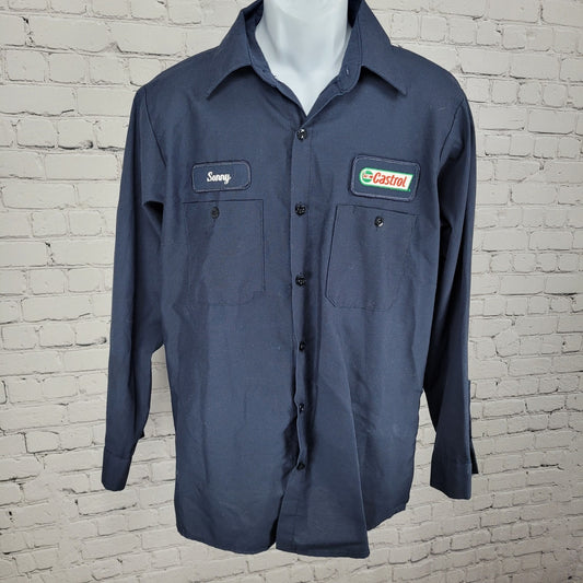 Castrol Lube Express Navy Workwear Mechanic Button Up Long Sleeve Shirt 15.5-02