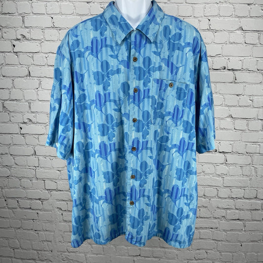 Visitor Blue Floral Washable Silk Hawaiian Button Up Short Sleeve Shirt Size 2XL