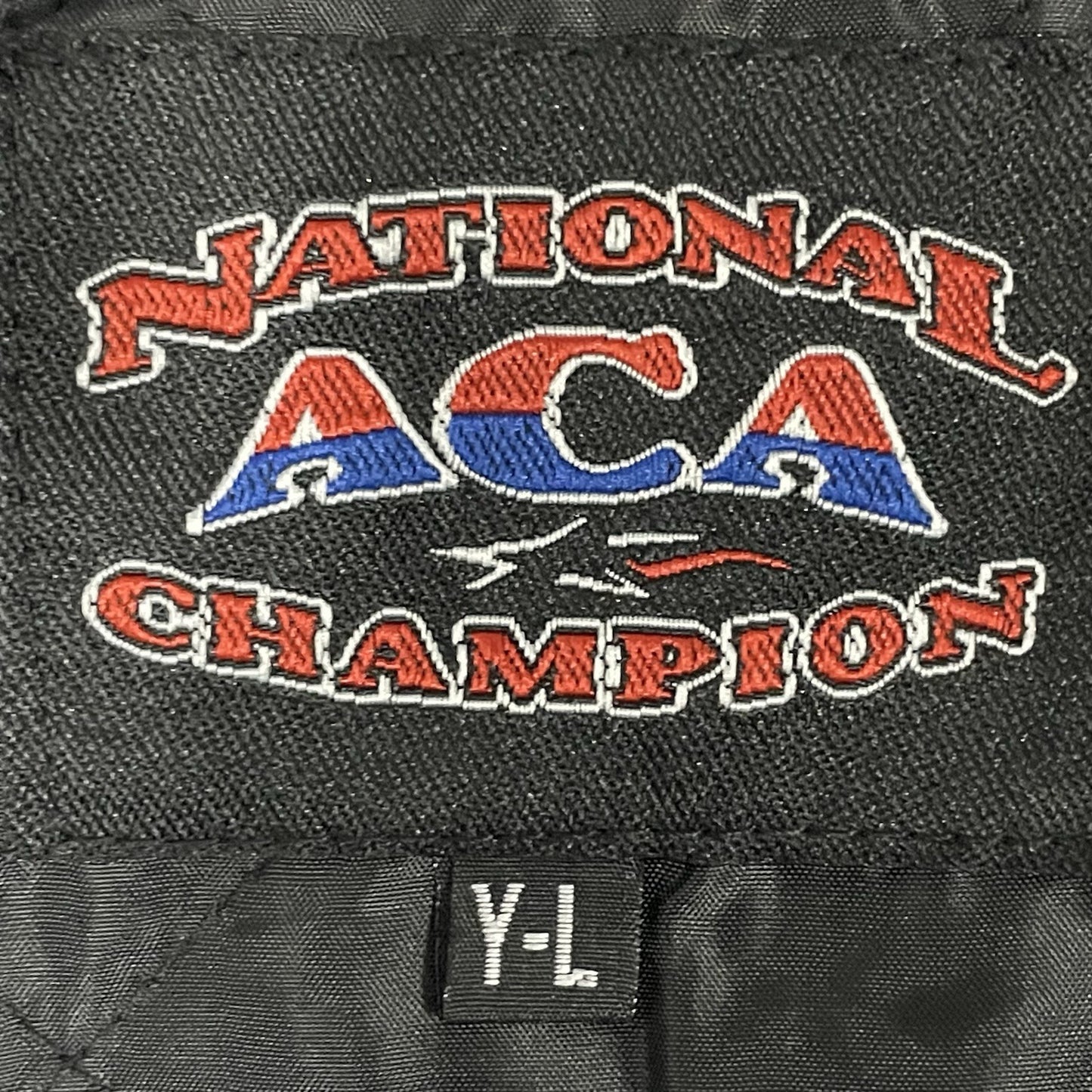 National ACA Champion Black Cheerleading Snapped Varsity Jacket Size Youth Large