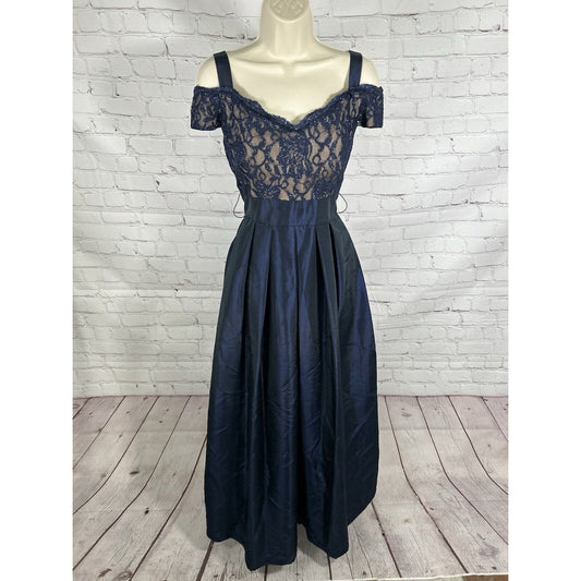 R&M Richards Women's Navy Floral Lace Cold-Shoulder Glittery Pleated Dress 6