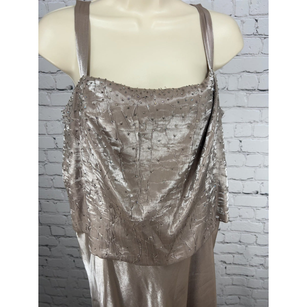 David's Bridal Champagne Beaded Metallic Sleeveless Formal Maxi Gown 16W