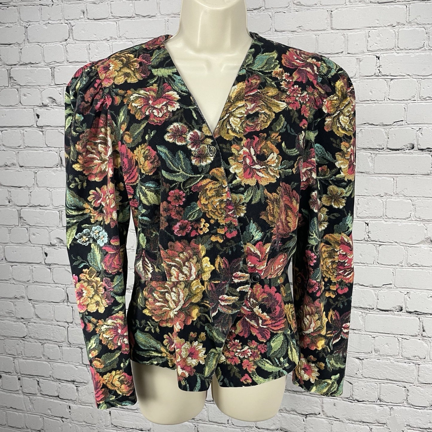 VTG Go Vicki Floral Cotton Buttoned Puff Sleeve Blazer Jacket USA Made Size 7/8