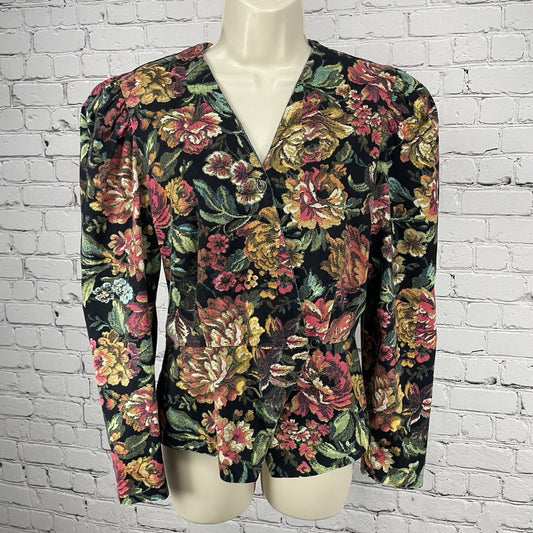 VTG Go Vicki Floral Cotton Buttoned Puff Sleeve Blazer Jacket USA Made Size 7/8