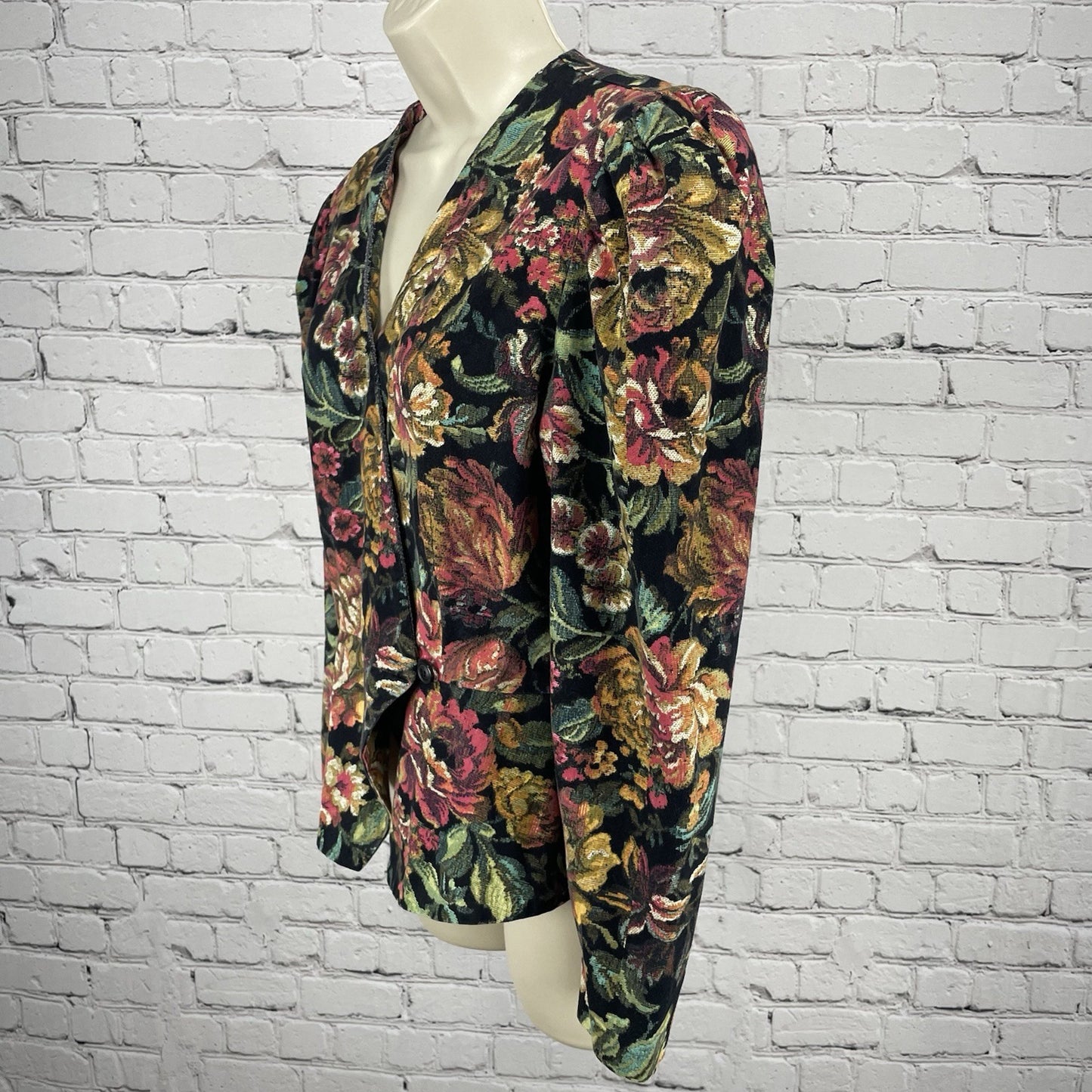 VTG Go Vicki Floral Cotton Buttoned Puff Sleeve Blazer Jacket USA Made Size 7/8