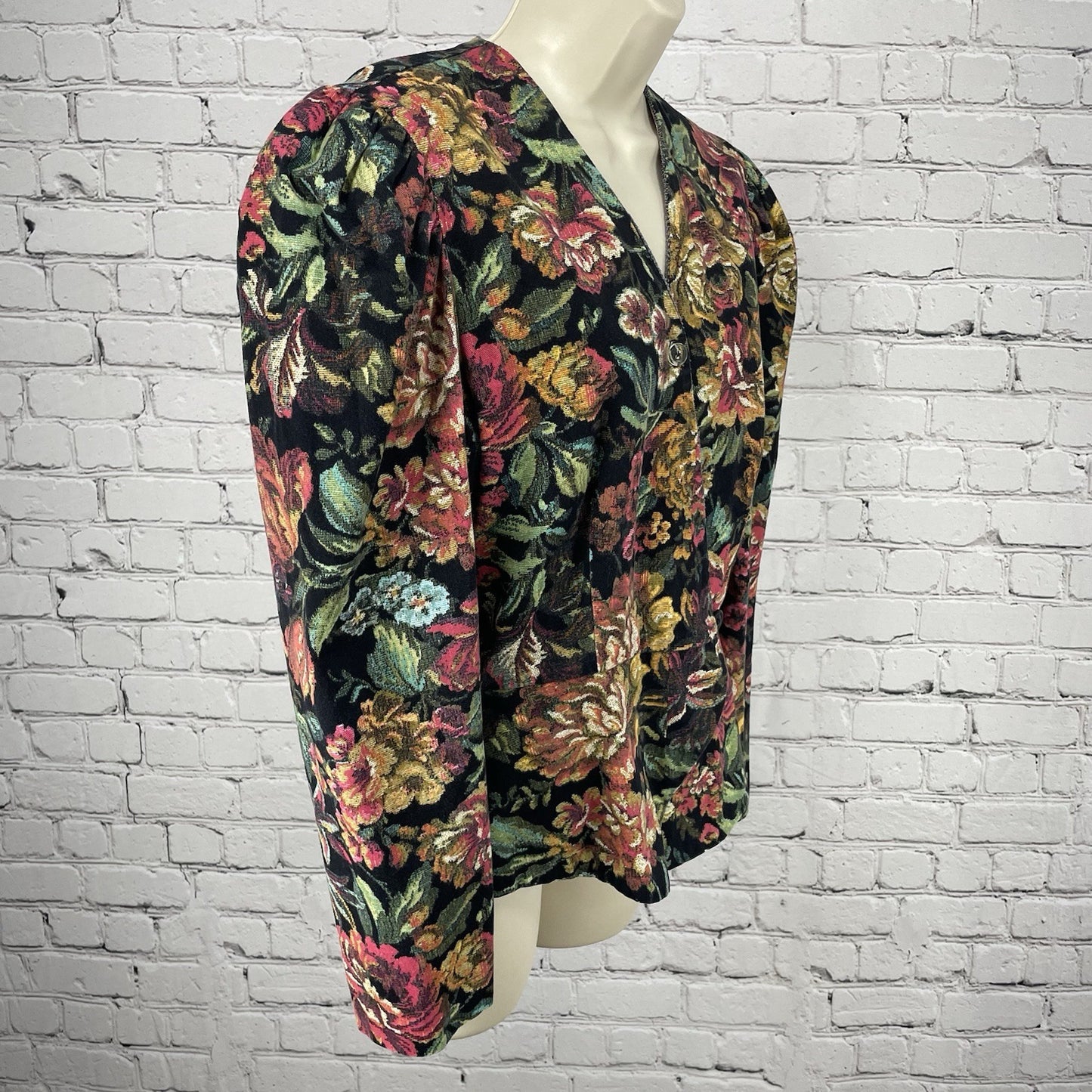 VTG Go Vicki Floral Cotton Buttoned Puff Sleeve Blazer Jacket USA Made Size 7/8