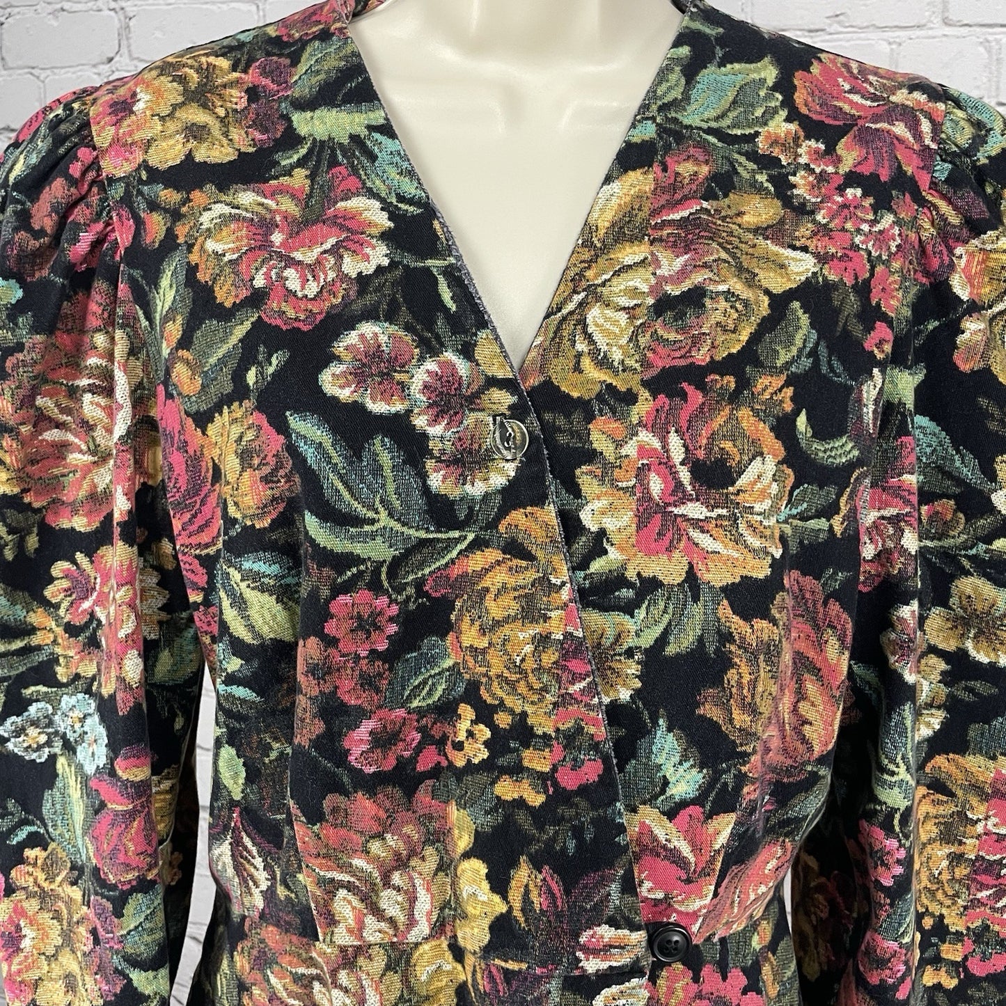 VTG Go Vicki Floral Cotton Buttoned Puff Sleeve Blazer Jacket USA Made Size 7/8