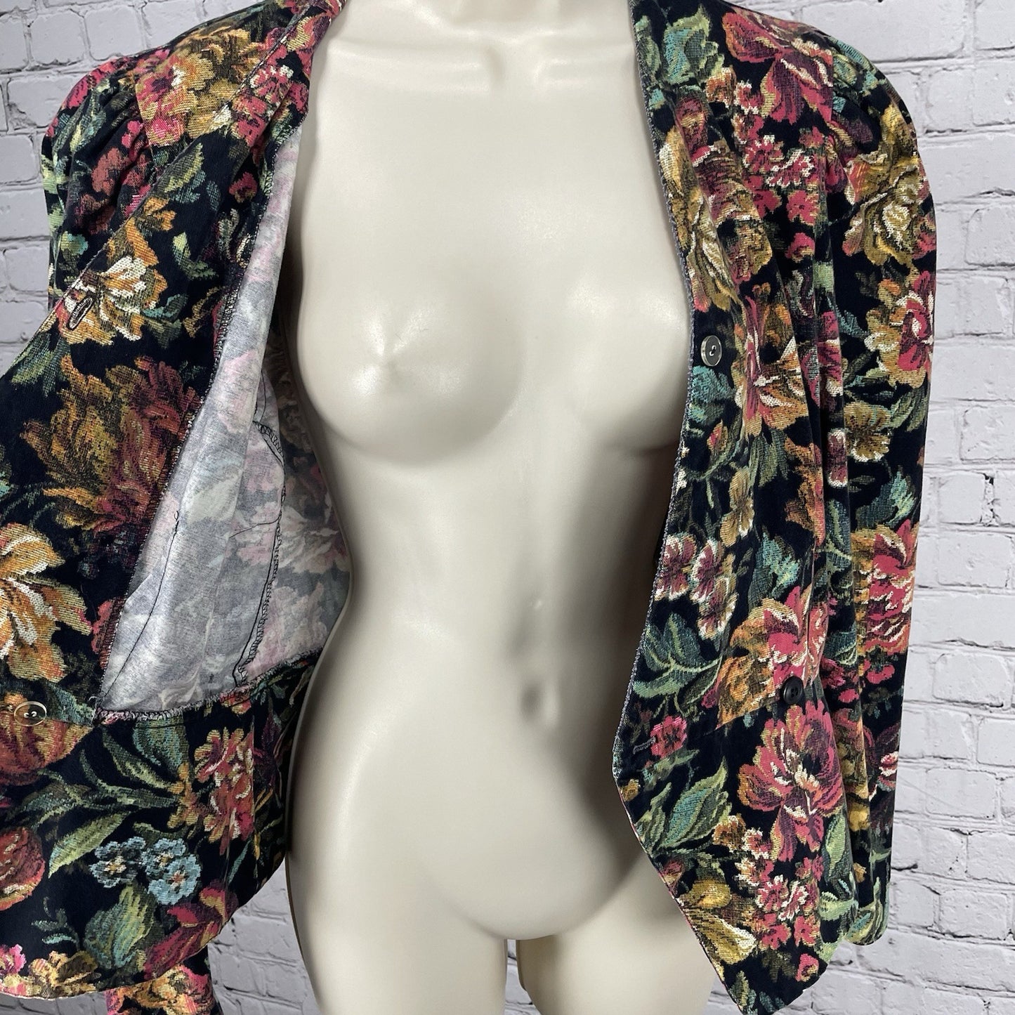 VTG Go Vicki Floral Cotton Buttoned Puff Sleeve Blazer Jacket USA Made Size 7/8
