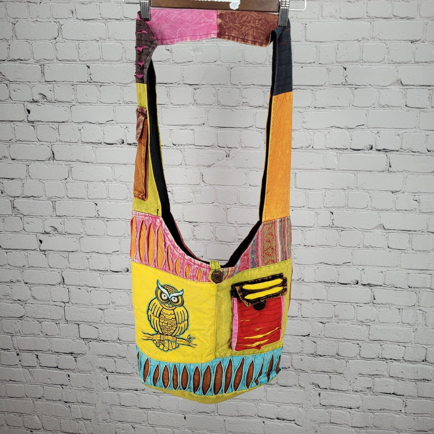 Multicolor Cotton Embroidered Owl Boho Zipped Crossbody Hobo Tote Bag Nepal Made