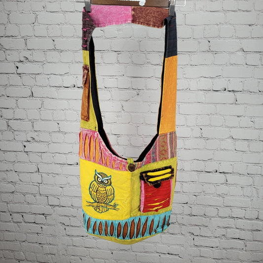 Multicolor Cotton Embroidered Owl Boho Zipped Crossbody Hobo Tote Bag Nepal Made