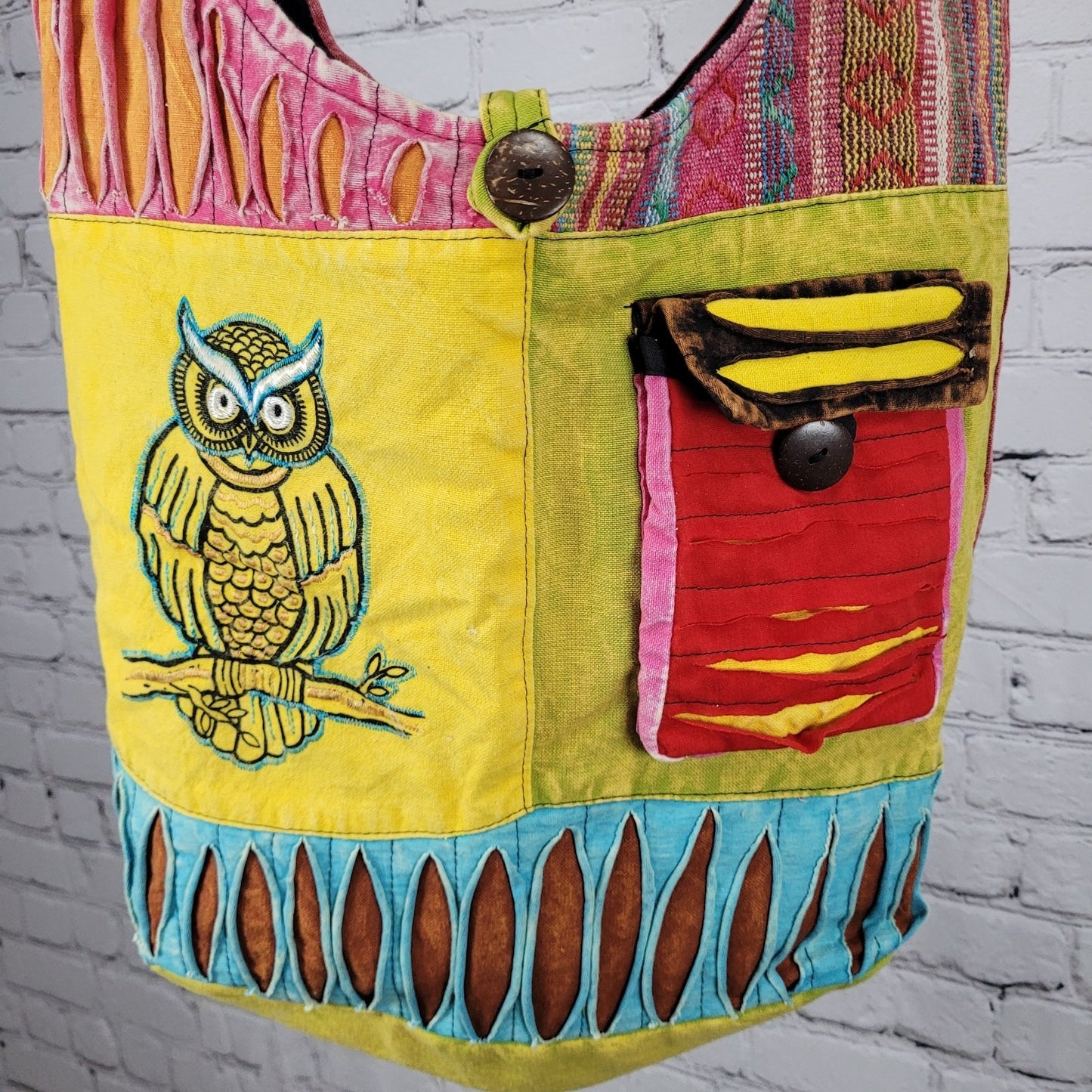 Multicolor Cotton Embroidered Owl Boho Zipped Crossbody Hobo Tote Bag Nepal Made