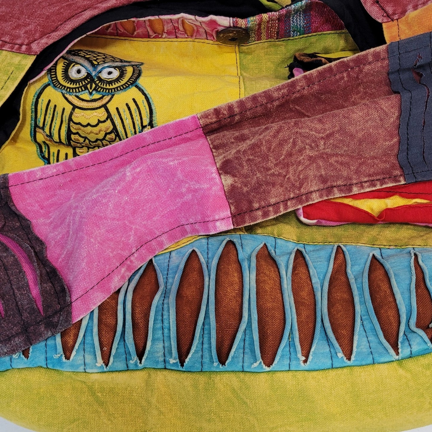 Multicolor Cotton Embroidered Owl Boho Zipped Crossbody Hobo Tote Bag Nepal Made