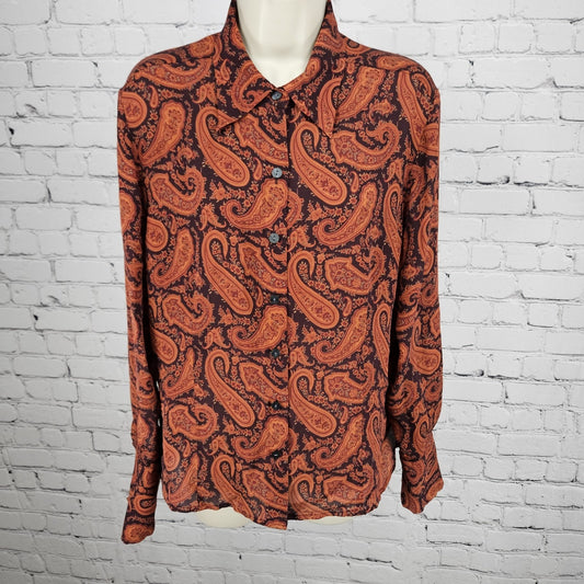 Eddie Bauer Purple 100% Silk Paisley Button Up Long Sleeve Shirt Blouse Top XLP