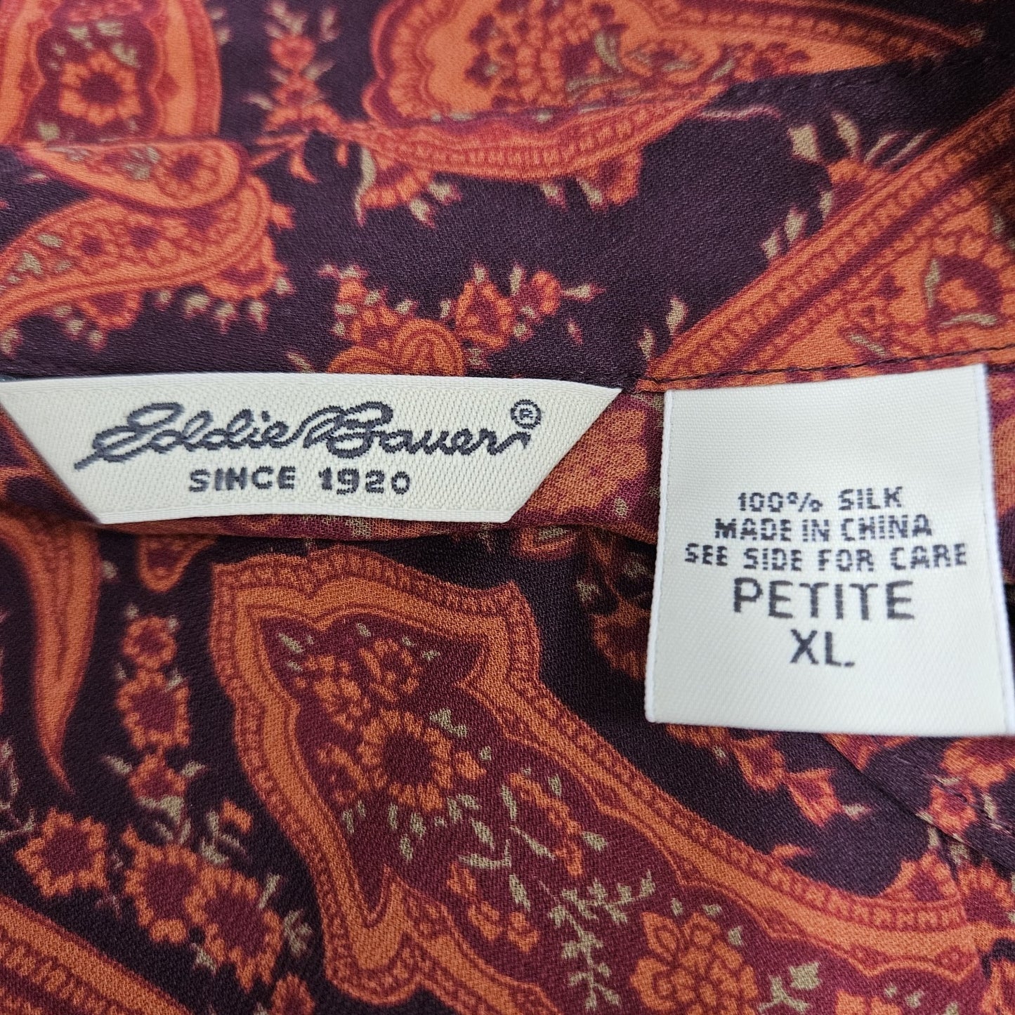 Eddie Bauer Purple 100% Silk Paisley Button Up Long Sleeve Shirt Blouse Top XLP