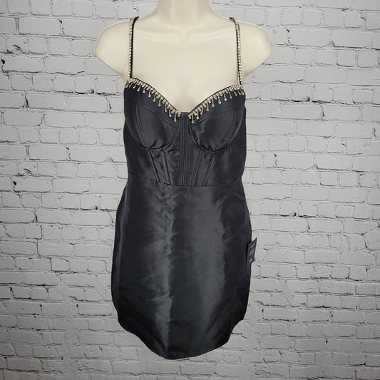 NWD Lulus Black Satin Rhinestone Bustier Backless Strappy Lined Mini Dress Large